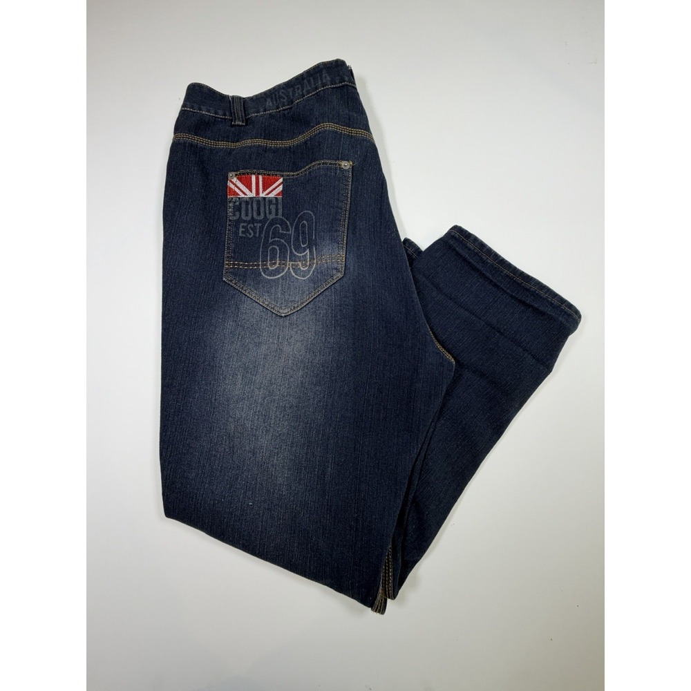 COOGI Men's Vintage Jeans UK British Flag Baggy Blue Denim 48x32 Leather Cotton